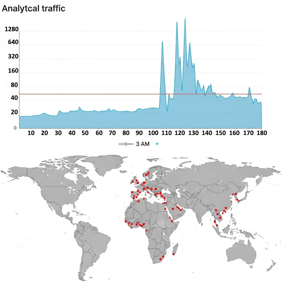Признаки DDoS-атаки: ночной всплеск трафика из нехарактерных регионов